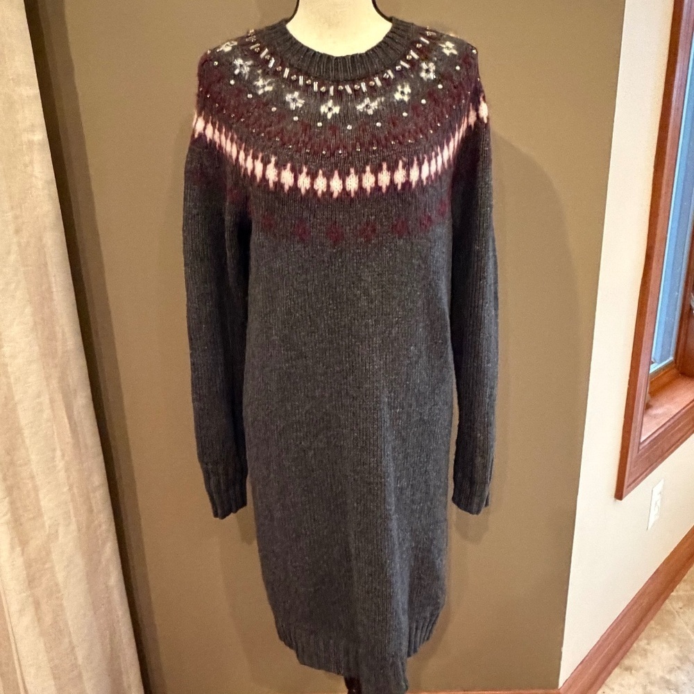 J. Crew Jewel Embellished Fair Isle Crewneck Sweater Dress, Wool Blend, Size Med